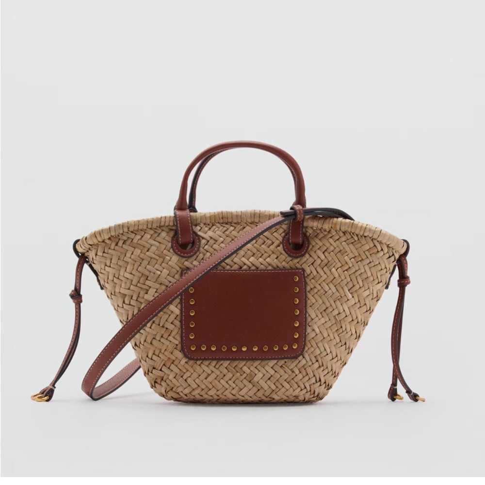 MANGO Tan and Brown Woven Tote